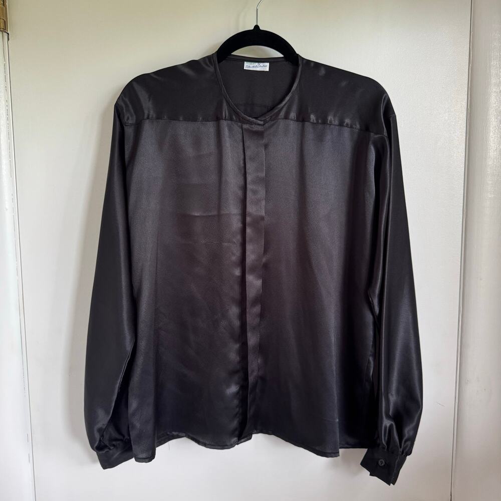 Robert by Peter Hatsi Androu Womens Black Satin L/S Button Up Blouse Size 12